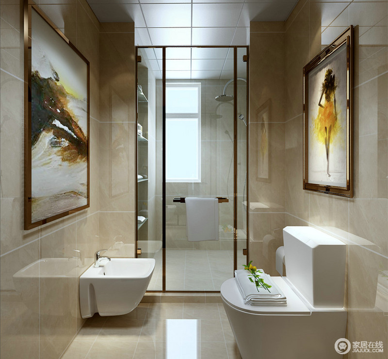 卫浴空间面积狭窄，设计师以灰黄色理石饰墙，通透的光泽扩大了空间感，配上白色洁具简洁大方。点缀的挂画色彩活泼，边框与玻璃隔断的金属线条，演绎了空间的轻奢时尚。