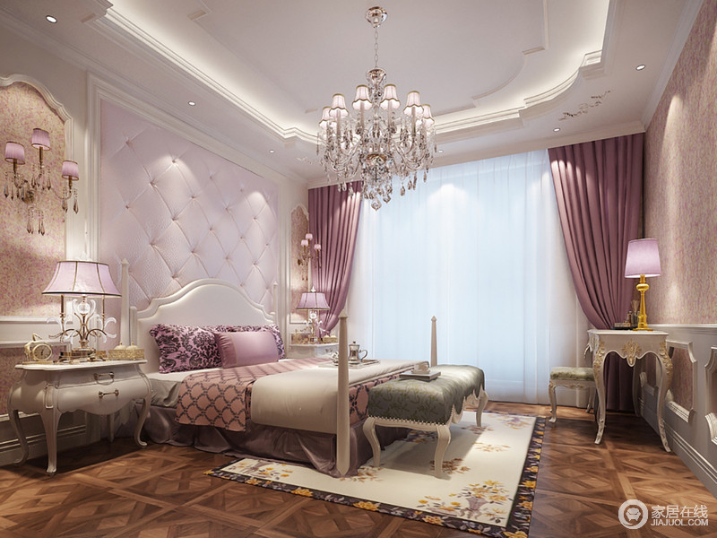 粉色充满甜美的气息，带着浪漫的格调。女孩子的房间以粉紫色为主，搭配简白色，在华丽灯饰光线的流光溢彩中，充满了公主式的梦幻童话氛围。