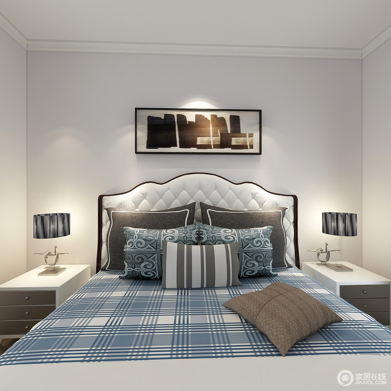 空间以白色为主，现代家具一应生活的需要，并以对称的方式，陈列出和谐；蓝色格纹床品让原本颇显简欧的床头多了简约感，平衡出舒适。