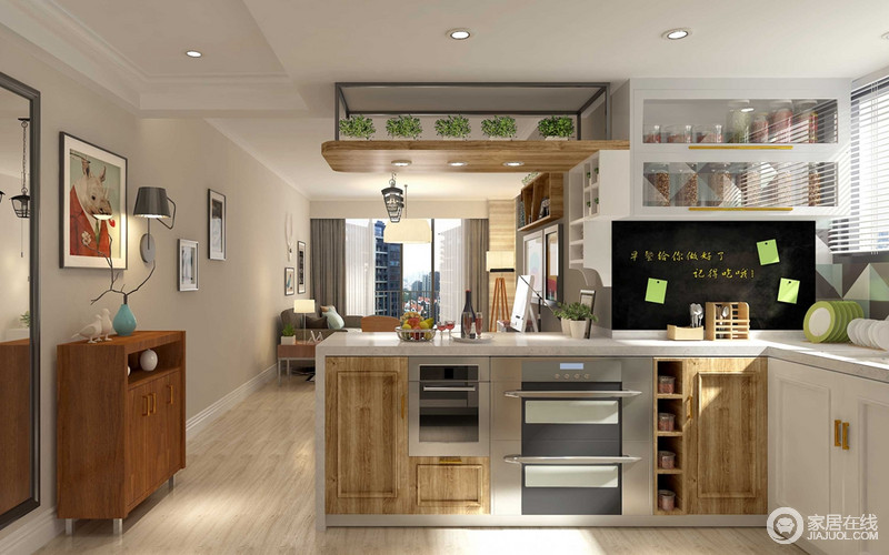 开放式厨房节省了空间，吊灯悬挂着绿植来渲染环境，让厨卫时光也绿意盎然。