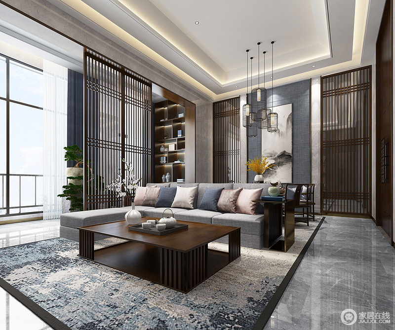 新中式的客厅如果全用胡桃木的话会显得很古板，所以设计师用客很多现代时尚的颜色去装饰，蓝色的背景墙和蓝色沙发遥相呼应，让整个空间在古典上又多了丝时尚感。