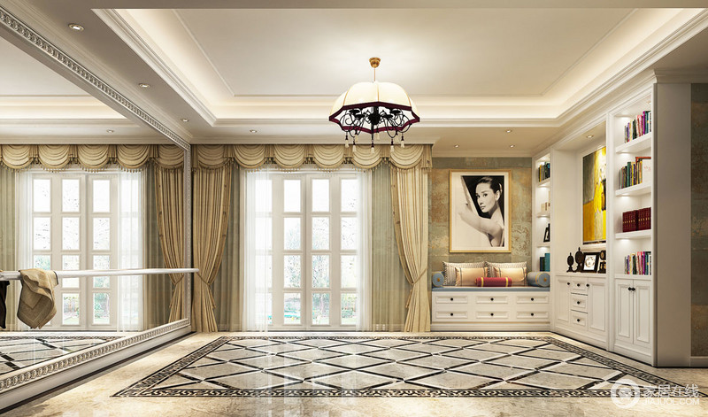 地面地砖斜拼处理后，让空间变得更有层次感；罗马窗帘将典雅与复古的时髦拉回到空间，与储物柜、挂画和谐相生，实用又美观。