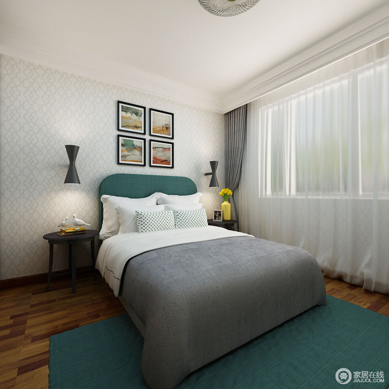 灰白色的墙面和墨绿色地毯形成优雅而清静的氛围，灰白相配的床品也让卧室多了些静景；黑色筒灯和木质边几映衬着卧室的温馨和清逸。