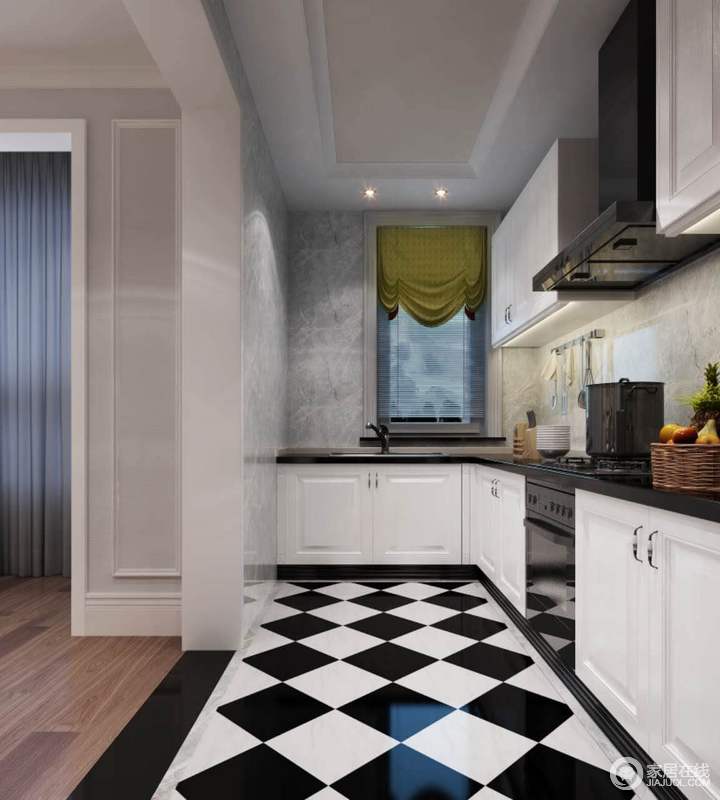 开放式的厨房里采用黑白灰三色，墙面以质感大理石灰为主，橱柜和地板则是经典黑白，拼花菱形图案时髦吸精同时带来强烈的视觉冲击力。