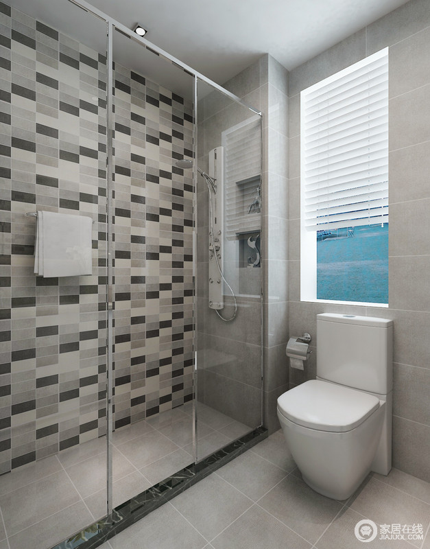 卫生间采用黑白灰马赛克砖铺贴出简洁时尚质感的淋浴室，在透明玻璃的映照与日光的光影渲染下，干湿分离的空间更显精致，凸显主人对于品质生活的追求。