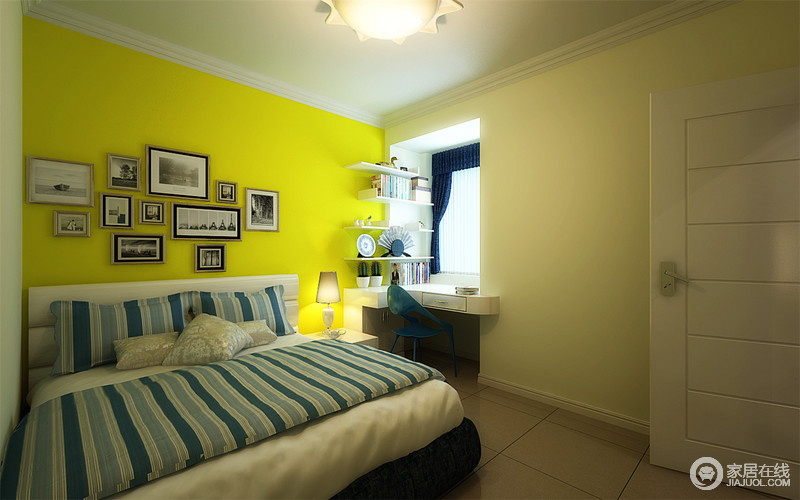 卧室以电黄色漆粉刷背景墙，并衬托着黑白色调的摄影作品，让抽象艺术和时尚色调凝结呈空间的生机和活力；而白色收纳架满足实用之需，与L形书桌极具功能，蓝色单椅与之搭配出清雅，蓝白条纹床品更是带着活泼让生活格外舒适。