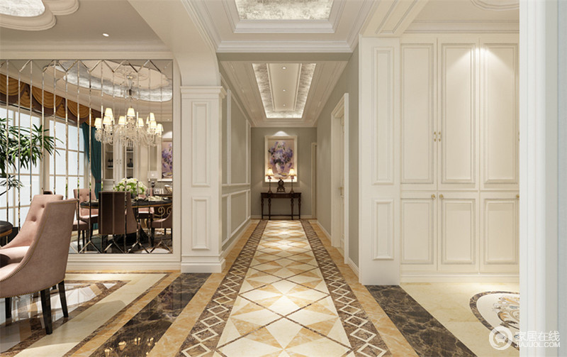 大大小小或细长拼接的菱纹使地板呈现出丰富的层次性，营造出完美的视觉效果，也装饰了长长的走廊；餐厅一侧利用了镜面装饰，使空间无形中增加了沟通性。