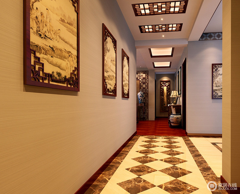 中式风格非常讲究空间的写意，简约的走廊因为挂画与地板、天花上的装饰，而显得层峦叠嶂般富有视觉感。米黄与浅灰色的搭配下，空间溢着浓郁的风雅清逸古韵。
