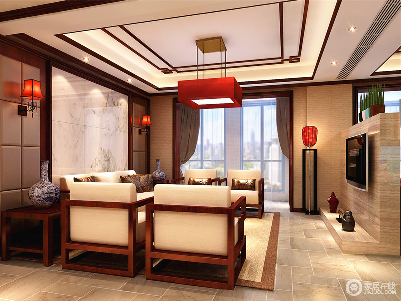 中式简约沙发大气时尚，表达出新中式概念的独特；不同形质的灯具取自传统灯笼的灵感，让客厅演绎出传统的经典。
