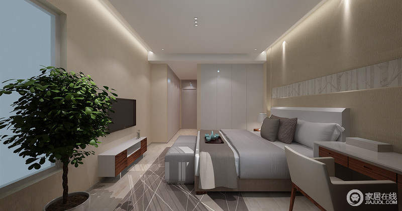 卧室以米色和灰色为主，在用色上讲究温和怡人，整体空间有序的布置体现了现代生活遵循简约；设计师从实用性出发来考量空间，以灰色的优雅来营造雅静和温馨。
