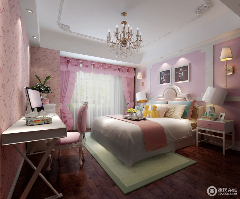 粉色为主基调，在绿色或者白色的衬托下，卧室更具梦幻。