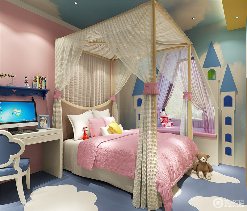 柔和饱满的红、白、蓝营造了轻快活泼的儿童房，大面积的蓝白卡通图案，将纯净清新的城堡融合进卧室里，轻盈浪漫的四柱床将公主的梦幻彰显出来，空间充满了童趣和活力。