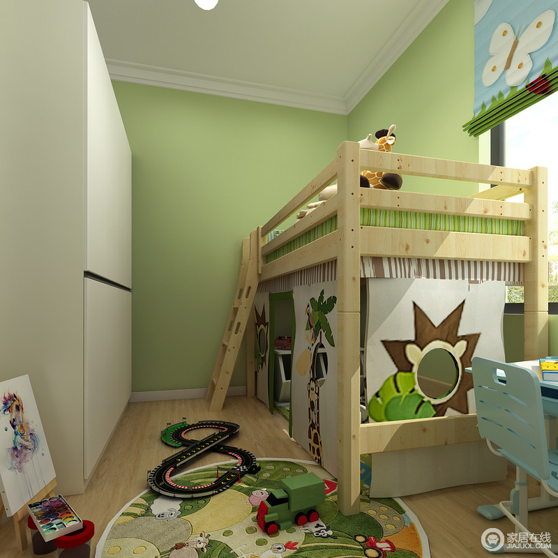 利用纵向空间解决了房间的狭小，利用床下空间进行收纳的同时，打造一个儿童游戏区，满足儿童对空间探索的需求。增加亲子互动的亲密回忆。