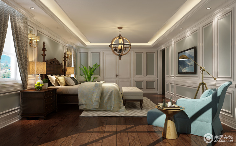 卧室的背景墙以白色石膏墙打造，配以青绿色为辅助，打造出空间的几何感，柔和温馨；美式家具沉稳大气，与实木地板构成和谐，温实有度；实木地球形状的吊灯与实木边几材质相似，而蓝色单人沙发的清素优雅，与灰白色美式实木床尾凳、素色波纹地毯，让卧室满是美式柔情。