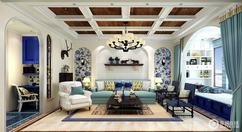 大量的圆拱门窗，使空间仿佛流动般延伸出透视感，显得空间非常宽大和通透。蓝白相间的家具和充满自然元素的装饰，将地中海风情鲜明展现出来。