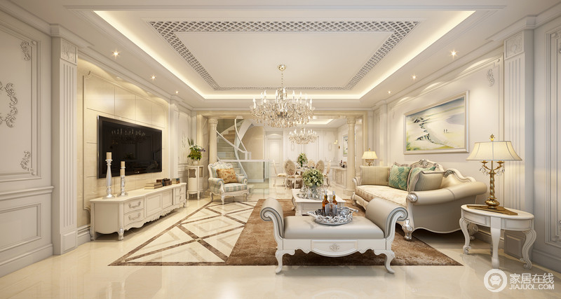客厅将白色和淡黄色糅合起来，塑造了一个古堡级的空间氛围；菱形拼花地面绚丽中保持着地面的整洁度，褐色地毯与欧式家具捍卫着空间的华贵。