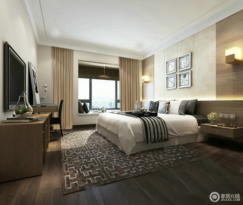 卧室运用了大量温润的木质元素，打造出自然亲和的生活温度。床品则选用灰白混搭，与墙面壁纸呼应，繁复的纹饰图案地毯渲染了空间层次的视觉感。