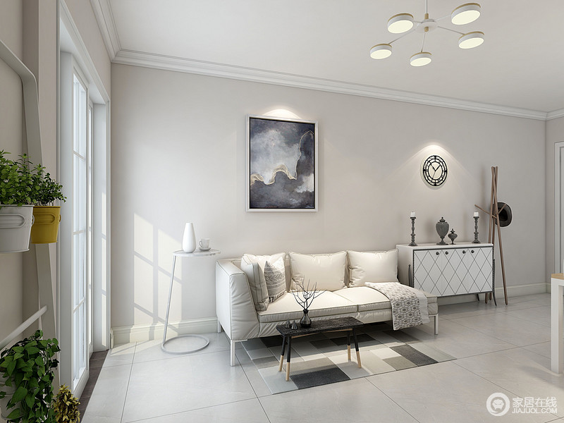 客厅以简单为主，白色的基调在黑色茶几和小圆几的妆点下，让空间具有了黑白抽象美学；精致地家具看似简单却做工精良，足显生活的品质。