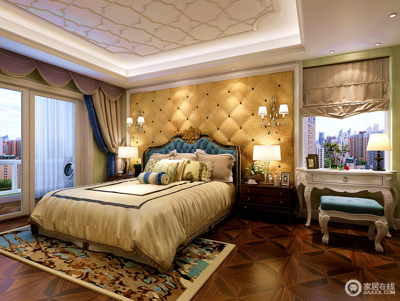 欧式韵味的卧室里让人好似住在宫殿里，享受着奢华；设计师为了突出空间的华丽，利用欧式壁灯、家具来陈列出一个复古而考究的氛围，让人能够切切实实感受欧式生活的精致、华丽。