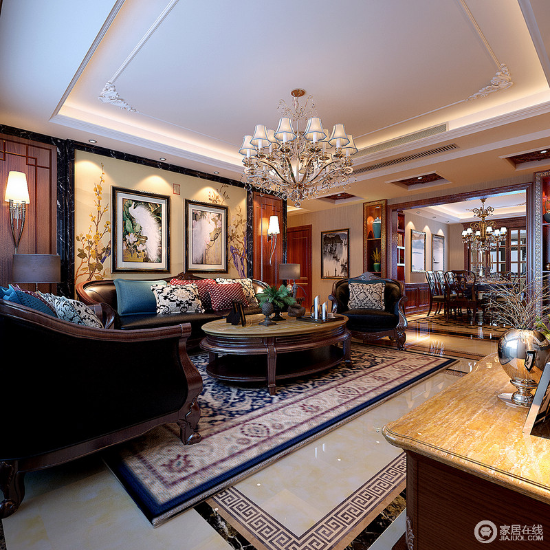 把欧式新古典与中式古典文化相结合，营造出含趣浪漫又异常典雅的客厅空间。复古家具在印花靠包的装点下，表现出柔软舒适性。