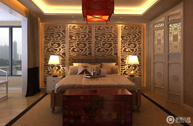 卧室以在色彩方面秉承了传统古典的典雅和华贵，但与之不同的是加入了很多现代元素，让白色祥云屏风呈现着时尚的特征；而中式吊灯与红木中式家具带着传统质感，让家温馨而贵气。