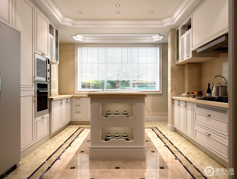 美式厨房将岛台位于空间中央，乳白色整体橱柜整齐划一，带来强烈的美式设计；嵌入式电器体现了现代美式空间的科技感，也表现了生活的质感。