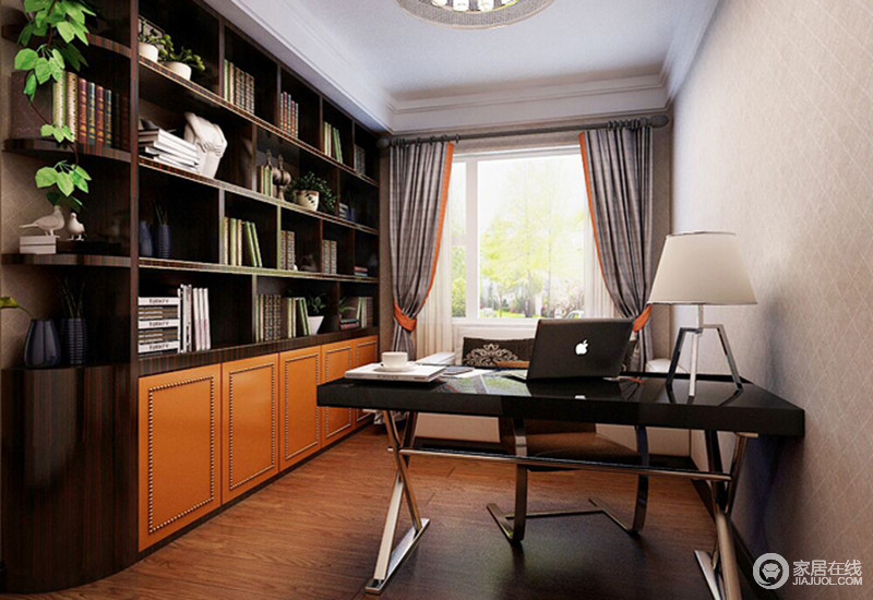 书房中将爱马仕橙与褐色相结合，现代感的书桌不仅实用，还将现代文化以设计的手法展示出内涵。