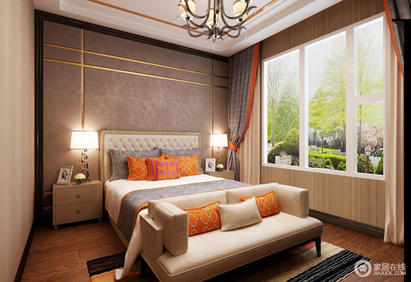 卧室造型简单，虽然多了素雅的情调，但是橘黄色几何靠垫令卧室焕彩一新，既个性又温馨。