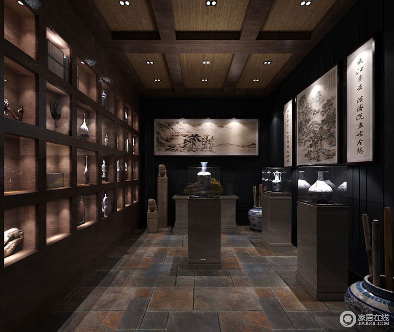 仿古砖使空间带着苍辣的历史感，中式韵味的收藏室以简胜繁的处理，让人仿佛时空交错的回到古时，彰显主人对古典文化的深爱和对艺术的品鉴体现。