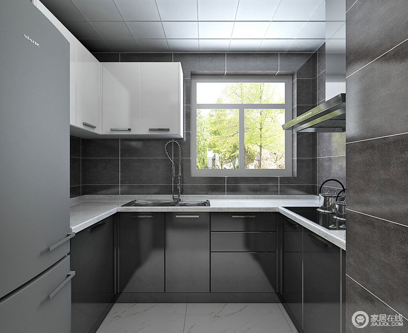 厨房以色彩上的对比来强化空间的动律，有序的设计，将白色悬挂柜和橱柜结合起来，并通过两者的黑白之色，让空间时尚；简单的设计除了追求美学价值之外，更具实用性，让烹饪也是一种生活艺术。