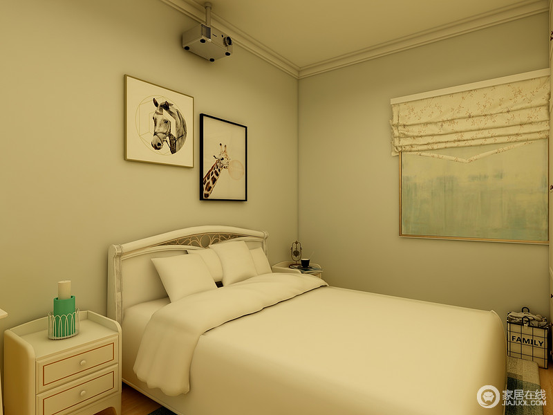 卧室以浅色漆粉刷，搭配低暗的光线，营造了一个安静的氛围；家具和配饰也比较简单，让主人舒适的休息。