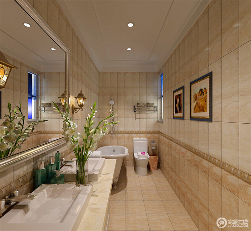 卫生间一字型的设计让空间感被放大，狭长的空间就浴缸、盥洗台依次排开，功能性十足，而米色系砖石的拼接效果，让空间多了层次之外，也具有了美式田园的味道。