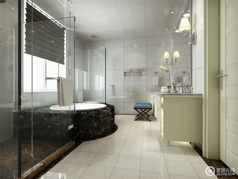 选用玻璃作墙面，围起浴缸，让空间如流动的自然之境，通透而变换。
