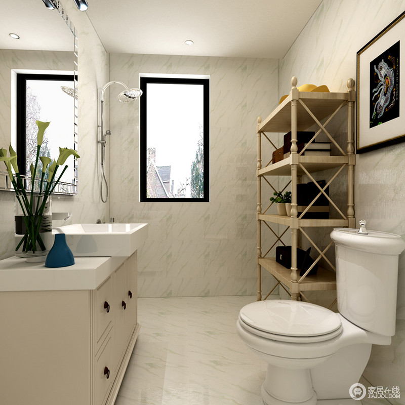 整体白色的空间中设计的实用而简单，木质置物架可作为收纳之用，盥洗台上的百合花让卫浴间也绿意丛生。