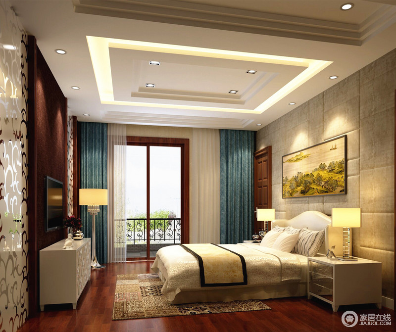 卧室中白色的床品看上去十分舒适，中国山水画平添了中式情怀。