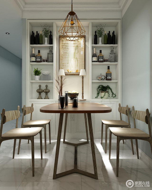 餐厅以灰色和走廊的浅蓝色形成对比，营造清缓和优雅；白色收纳柜与墙体结构合为一体，因不同酒品点缀出浓浓的生活情调；黄铜几何吊灯的工业感与简约木作的家具搭配出独特的空间艺术，让你再此，感受艺术带来的欣喜。