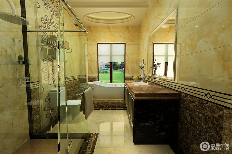 干湿分离的卫浴空间，采用拼接的墙面，使空间显得整洁且耐脏耐潮。落地窗带来充足的光线，为泡澡的时光增添更多的情调和趣味性。