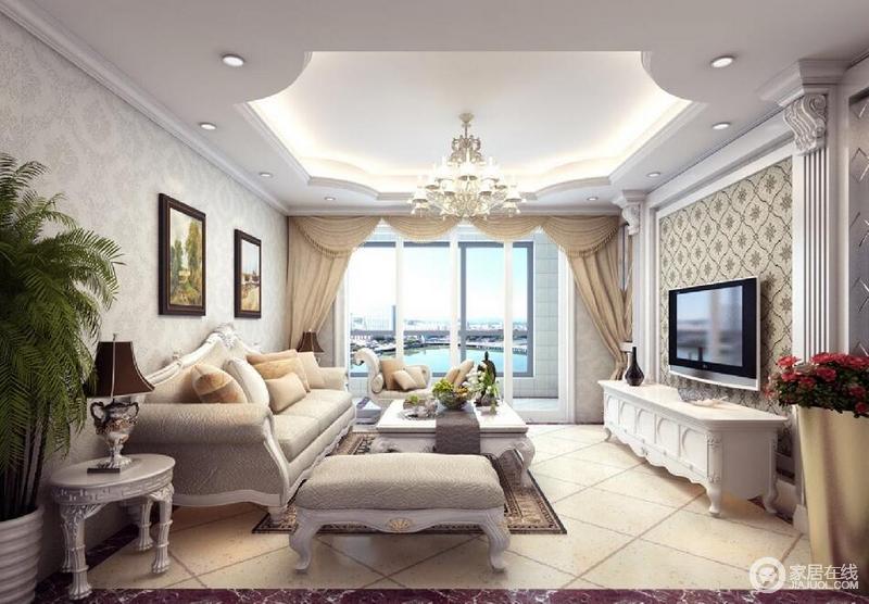 客厅米色沙发搭配同色系几何花纹的抱枕增加了整个空间的一个立体感觉，沙发背后的挂画彰显了英式田园的格调，温馨舒适。