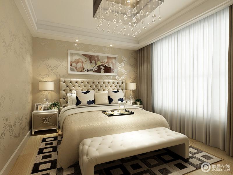 淡黄色变幻出不同的温柔情调于空间中，隐约中令卧室空间更加温馨；口字型地毯层次有度，与白色纱幔形成一个轻厚对比，协调出动人的空间氛围。