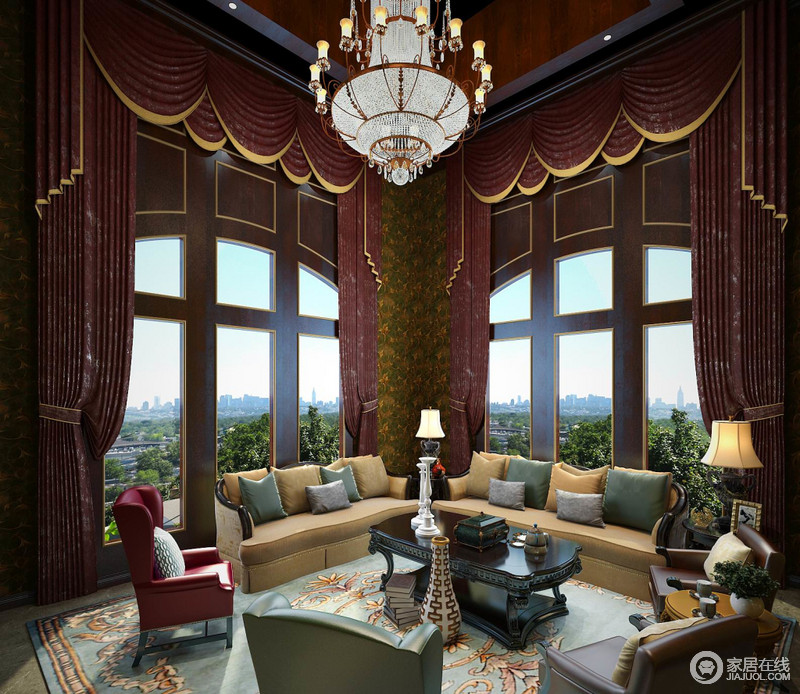 优雅的室内装饰将整个空间映衬得格外有品质，将欧式古老的文化内涵展漏无疑。挑空的空间设计在酒红色罗马帘的装饰下更加雄伟壮观；绿色、枚红色、咖色的皮质沙发让你感受工匠的悉心设计。