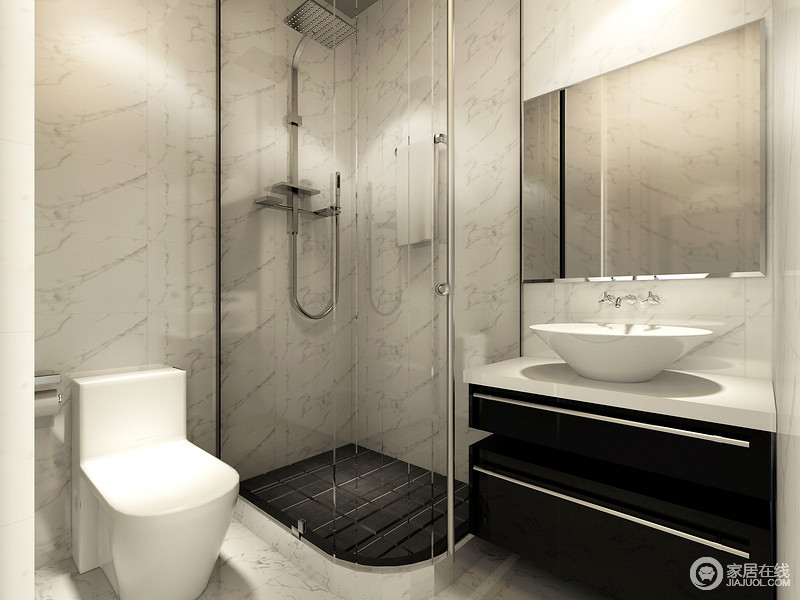 卫浴室虽然有些狭小，但是却满足日常使用，灰白的墙砖整体感极强，与黑白调的盥洗台形成现代之态，令生活锦上添花。