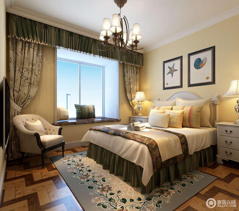 卧室设计得较为简单，主要是为孩子的成长考虑，利用米黄色粉刷墙面为其营造一个温暖的气氛；淡蓝色花卉地毯自然清新，中和出一个和谐而趣意的空间。
