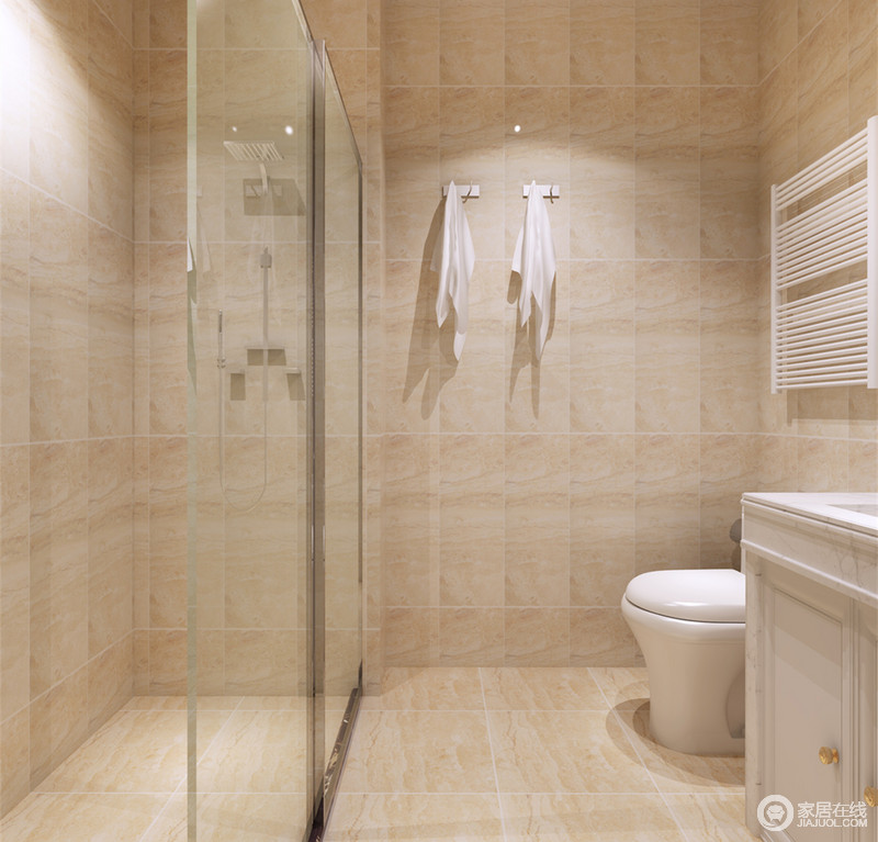卫浴墙面与地板的砖石纹理宛如波纹荡漾，荡起的涟漪打破空间上的单调性；白色的洁具清新整洁，干湿分离的空间，在一派简雅大方中透着朴质平实的温和。