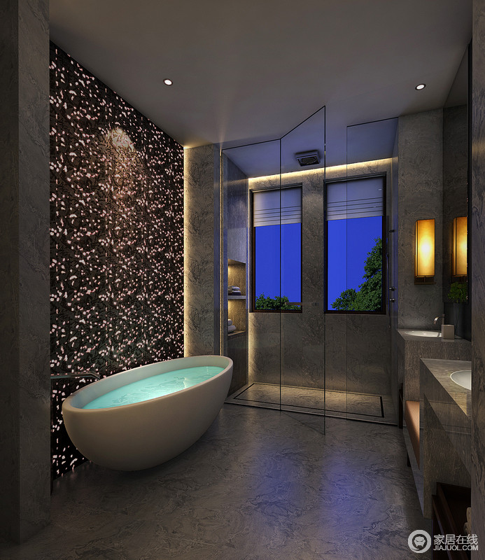 卫浴间通过玻璃打造出通透如新的视感，墙面利用灯饰来增加艺术性，也让空间的光线更富色彩。