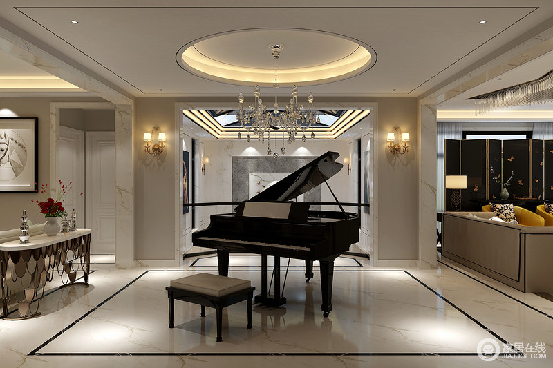 一进入客厅便被钢琴的曼妙琴音所打动，宽敞的空间给予弹琴者更多可发挥的空间。