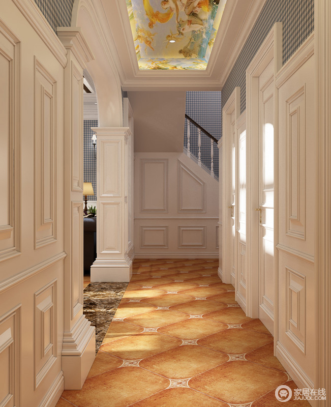 走廊通过立体几何石材和仿古砖充分发挥材质的作用，构建出结构明晰、立体纷呈的空间。