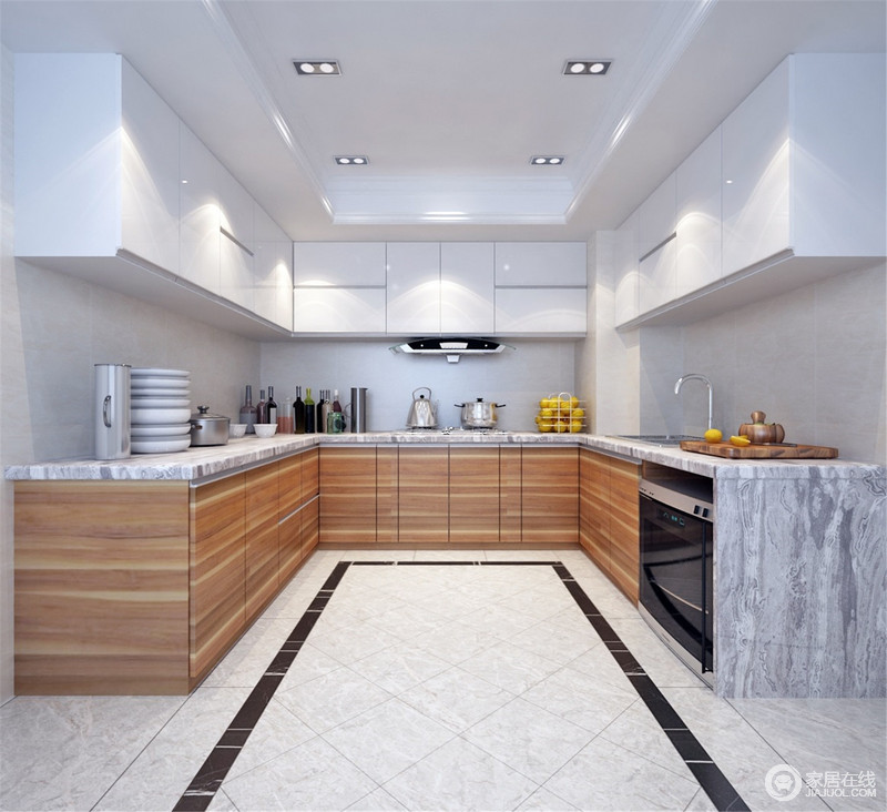 厨房以材质本身的纹理装饰出多样化的效果，灰色地砖的菱形和方形表达着几何艺术；而原木橱柜和白色悬挂柜以温和的色彩讲述自然轻快，并以极大的实用性，让厨房生活更为便利。