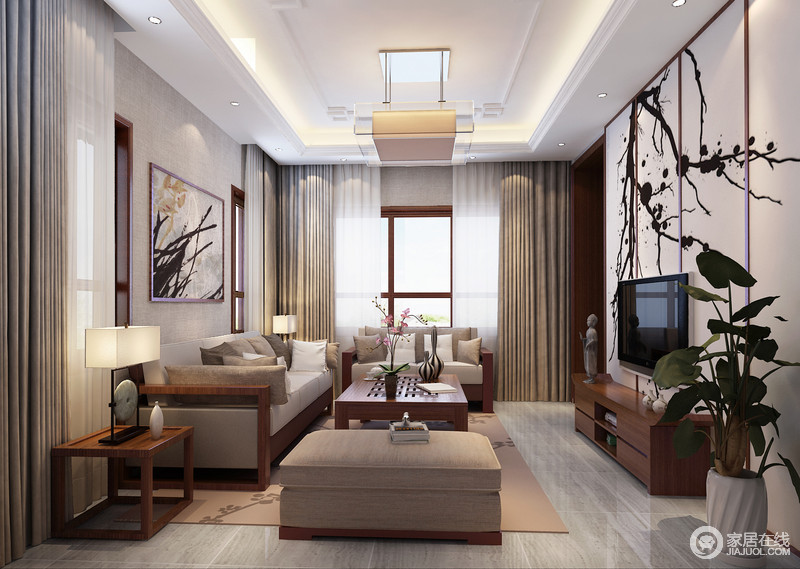 中式风格的客厅肃穆典雅、气度恢弘，而现代居室因格局和面积所限，只能追求神似。