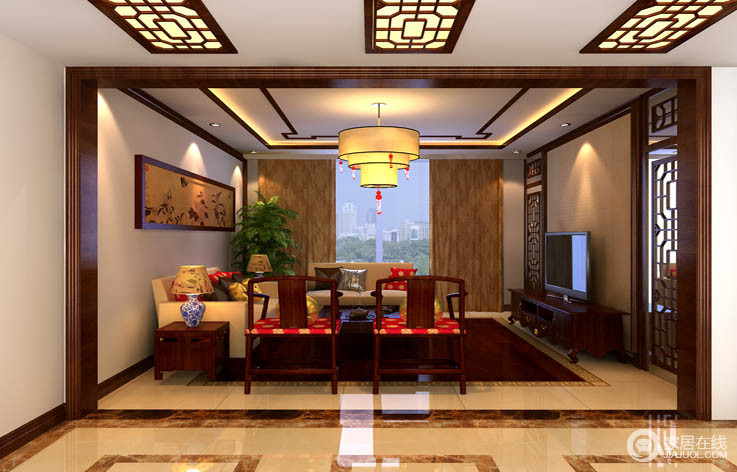 在中国文化风靡全球的现今时代，中式元素与现代材质的巧妙兼柔，明清家具、窗棂、布艺床品相互辉映，再现了移步变景的精妙小品