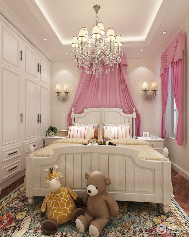 儿童房里需要一个无暇的环境，因袭设计师以白色为主，辅之以粉色，直击童真甜美。